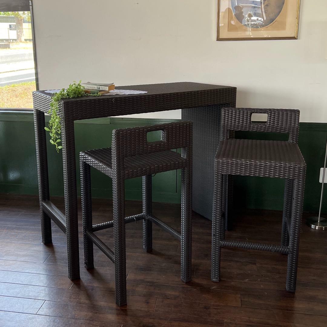 k072 ラタン調カウンターテーブル 3点セット ダークブラウン ガーデン家具