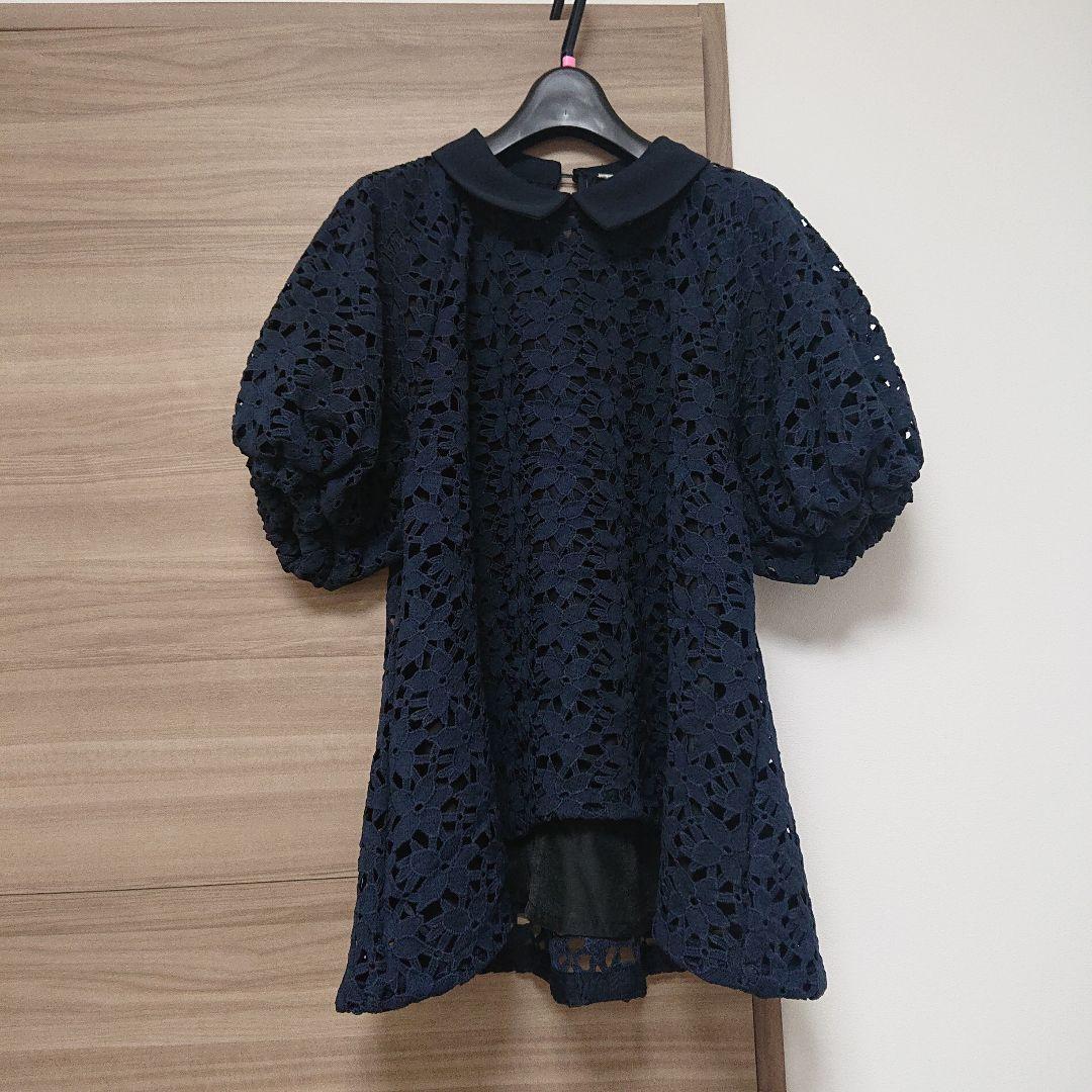 THREE SQUAREネイビービ レース トップス 半袖
