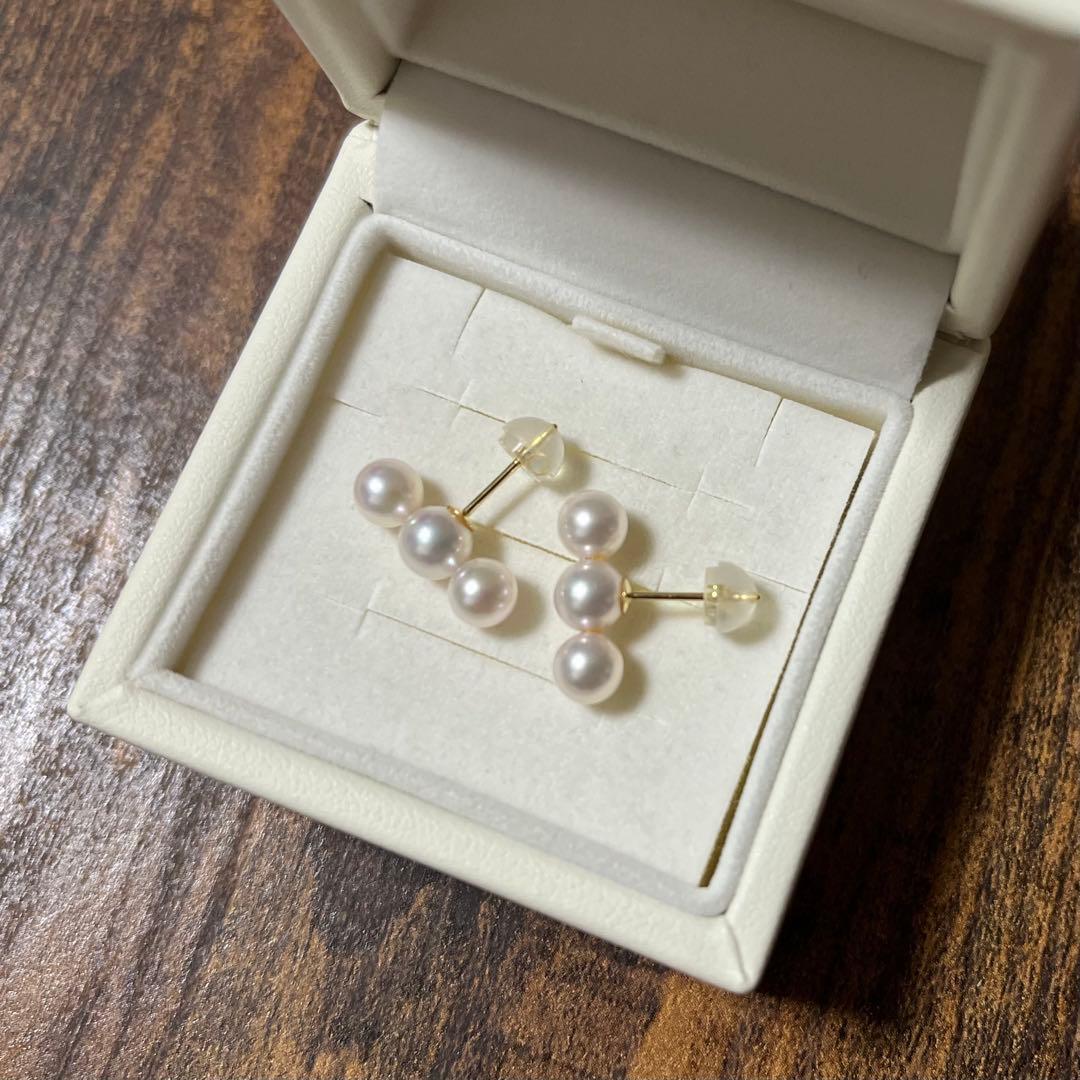 未使用 花珠級 あこや真珠ベビーパール 3連 パールピアス K18 3個並び
