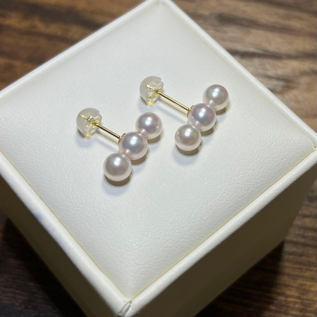未使用 花珠級 あこや真珠ベビーパール 3連 パールピアス K18 3個並び