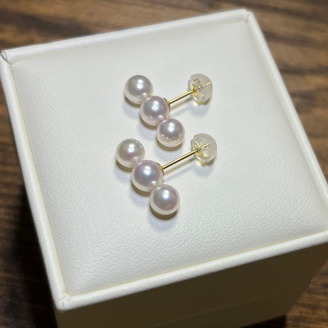 未使用 花珠級 あこや真珠ベビーパール 3連 パールピアス K18 3個並び