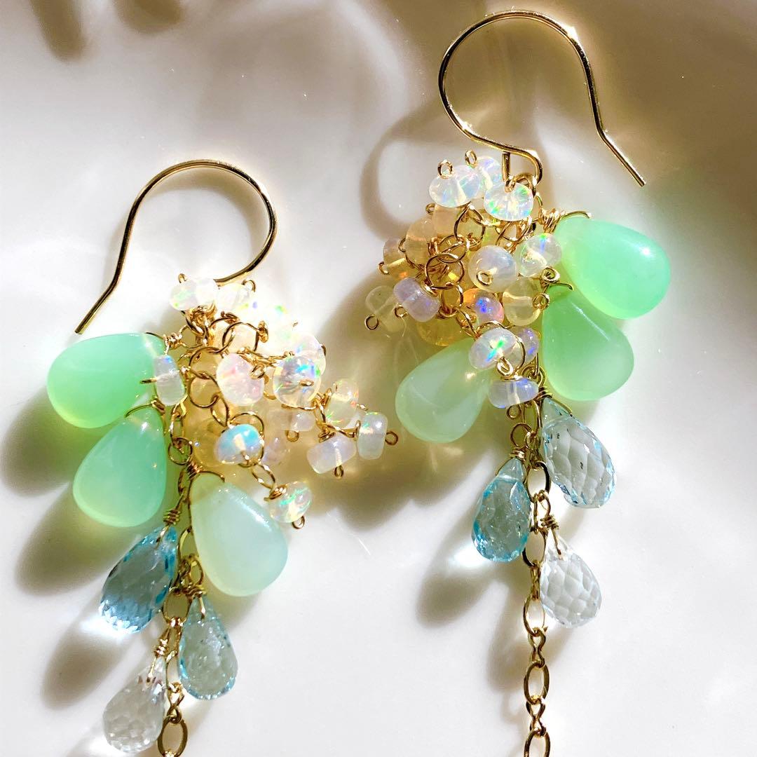 55◆グリーンオパール×エチオピアオパール×トパーズピアス✧14kgf