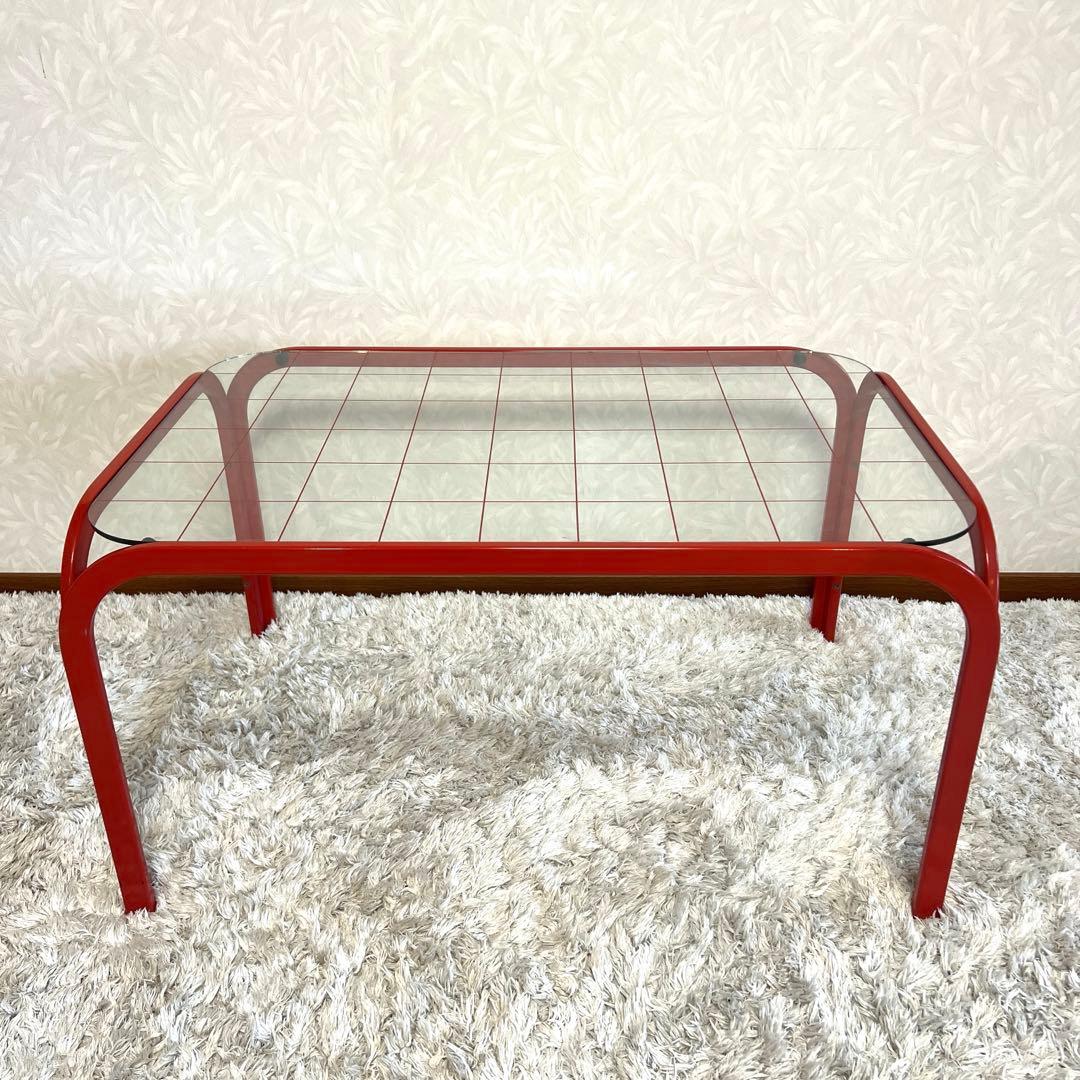 レトロポップ ガラステーブル アイアンテーブル グリッド柄 赤 80s 90s