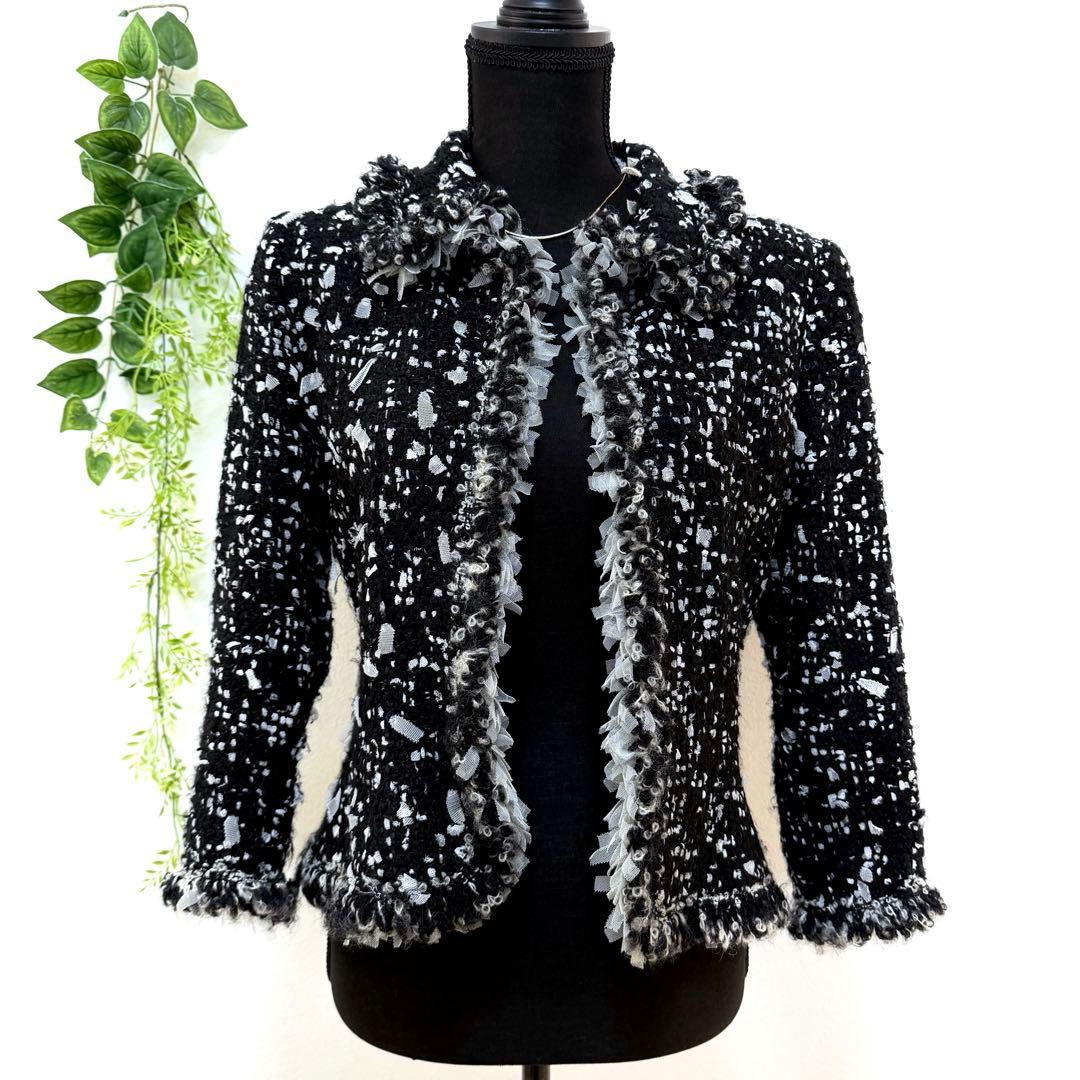 希少 Rene ルネ 最高級 ツイードジャケット ブラック ホワイト M フリル