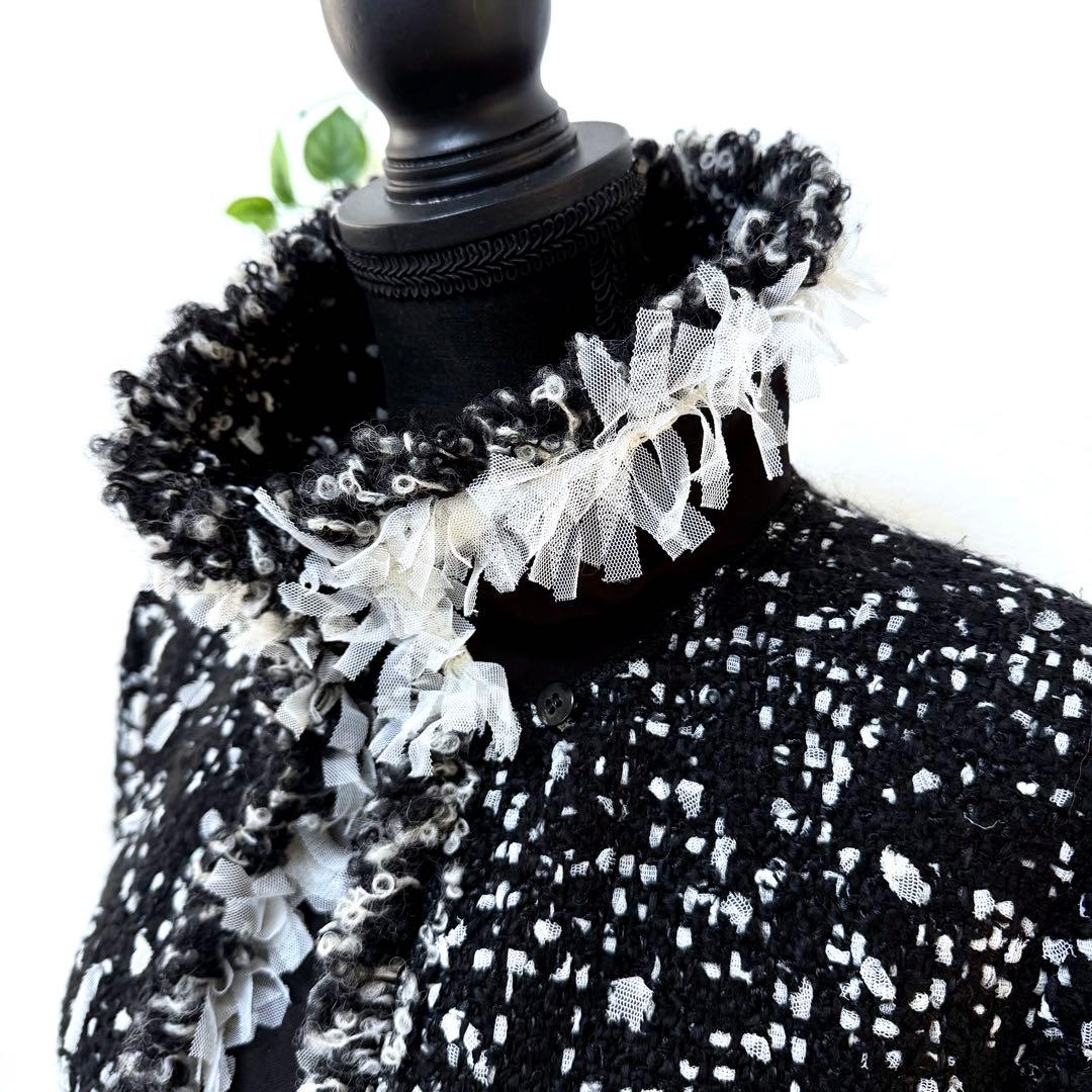 希少 Rene ルネ 最高級 ツイードジャケット ブラック ホワイト M フリル