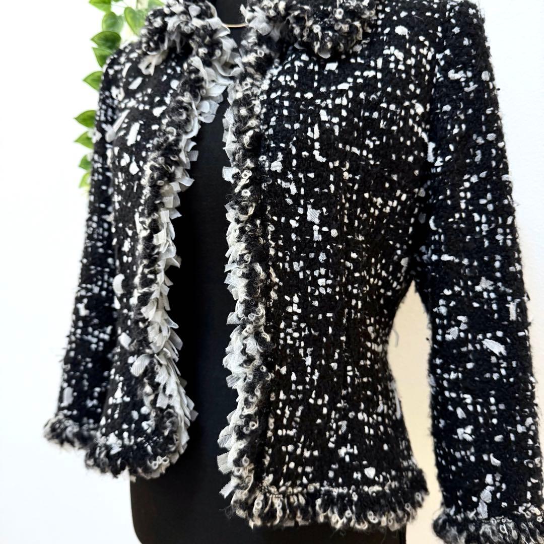 希少 Rene ルネ 最高級 ツイードジャケット ブラック ホワイト M フリル