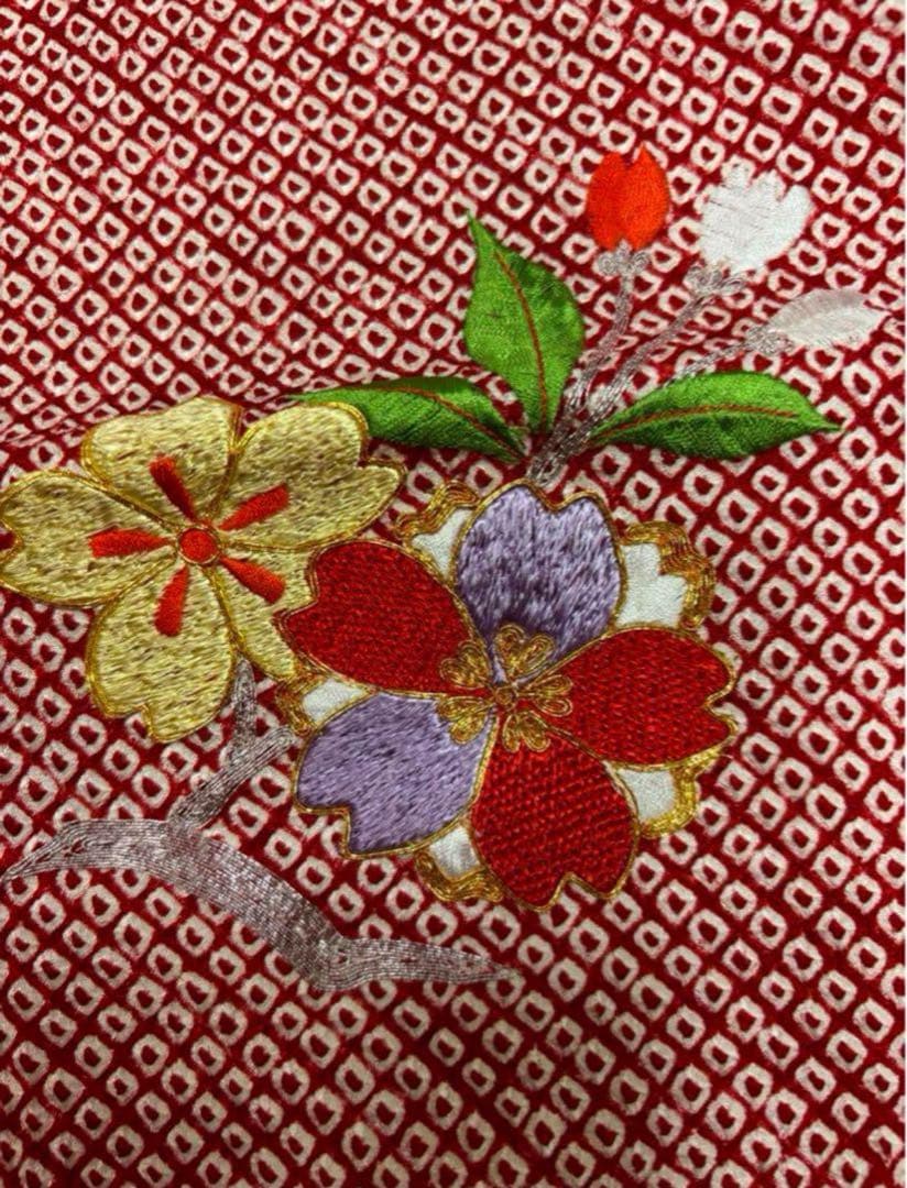 七五三　7歳女の子　正絹　豪華絞り　刺繍　高級本仕立　2点セット　熨斗目　桜