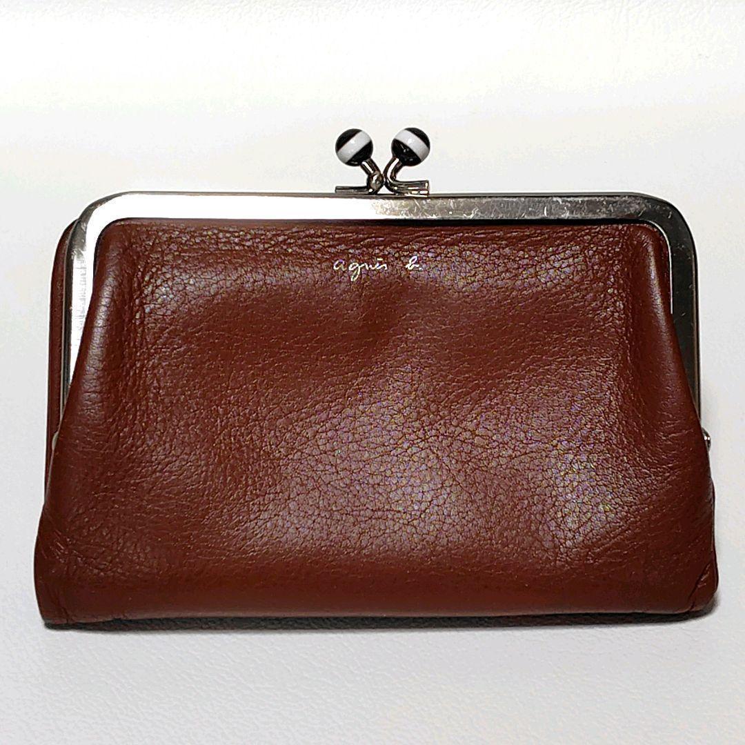 ✳️美品✨　アニエスベー　折り財布　ブラウン　レザー　がま口　プリントロゴ