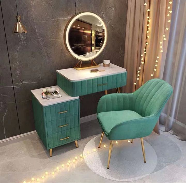 オシャレドレッサー　グリーン　デスク引き出し1杯LEDミラー　椅子　棚4点セット