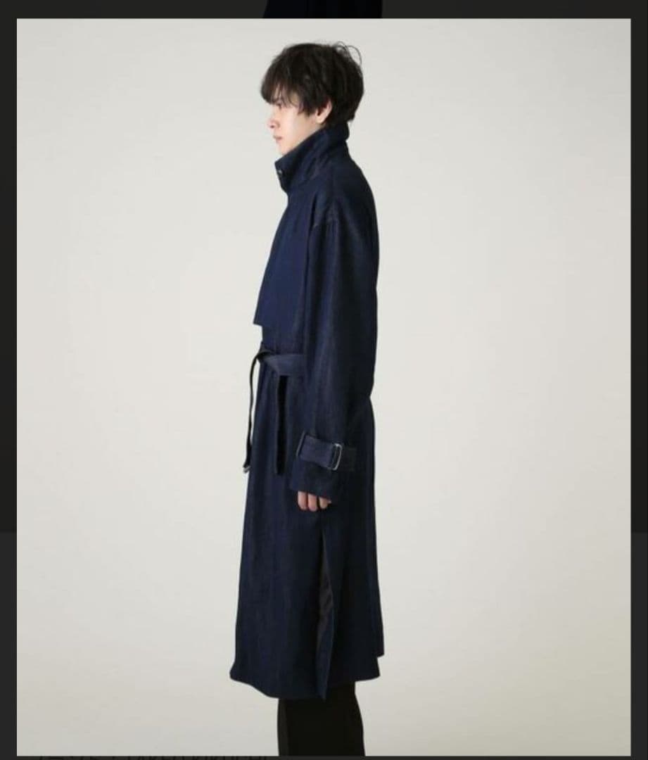 デニム生地　ダークブルー ダブルブレスト トレンチコート