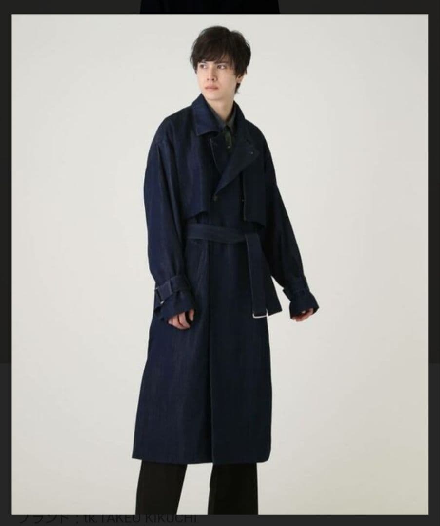 デニム生地　ダークブルー ダブルブレスト トレンチコート
