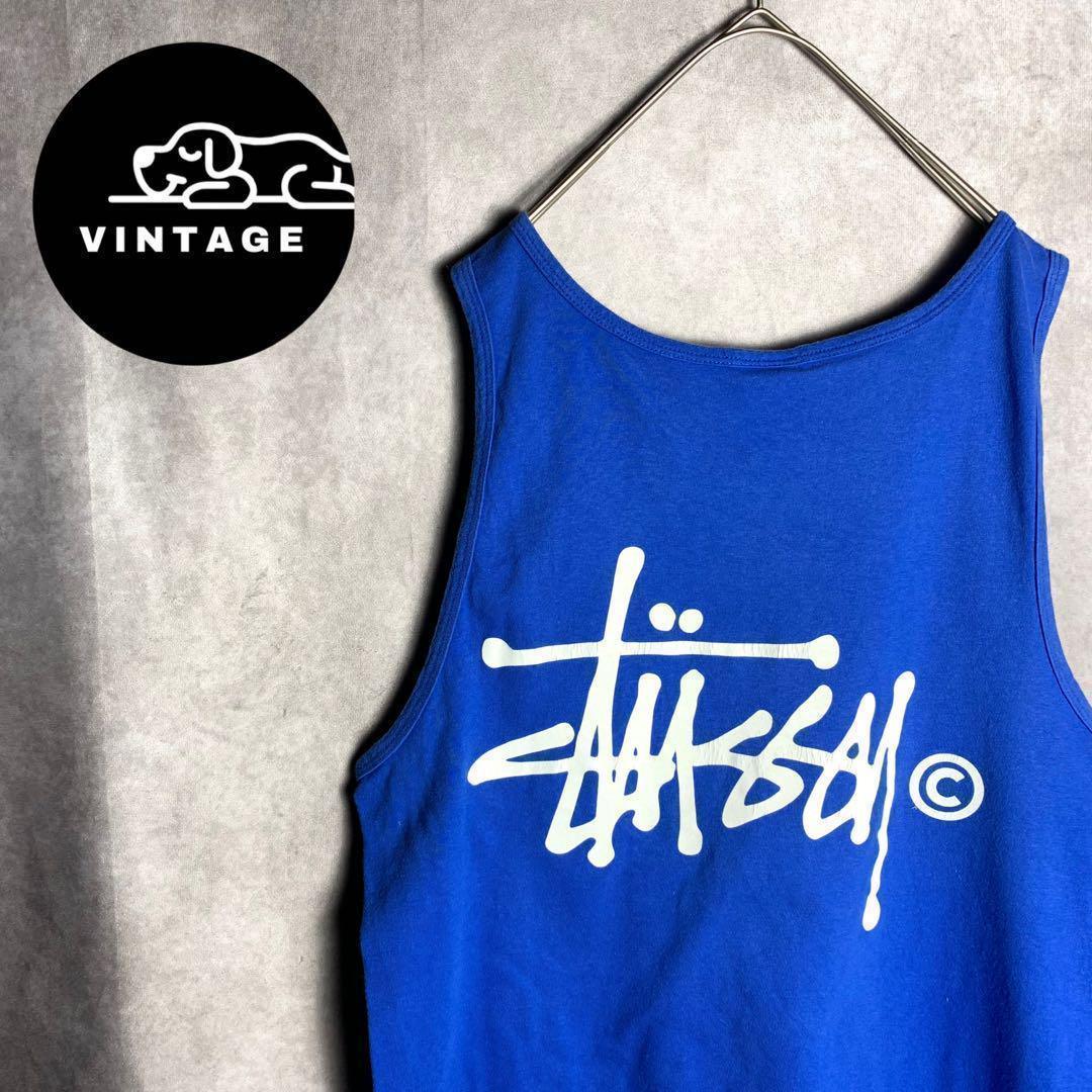 【STUSSY タンクトップ　背中ロゴ　シンプル　ストリート　青　古着】