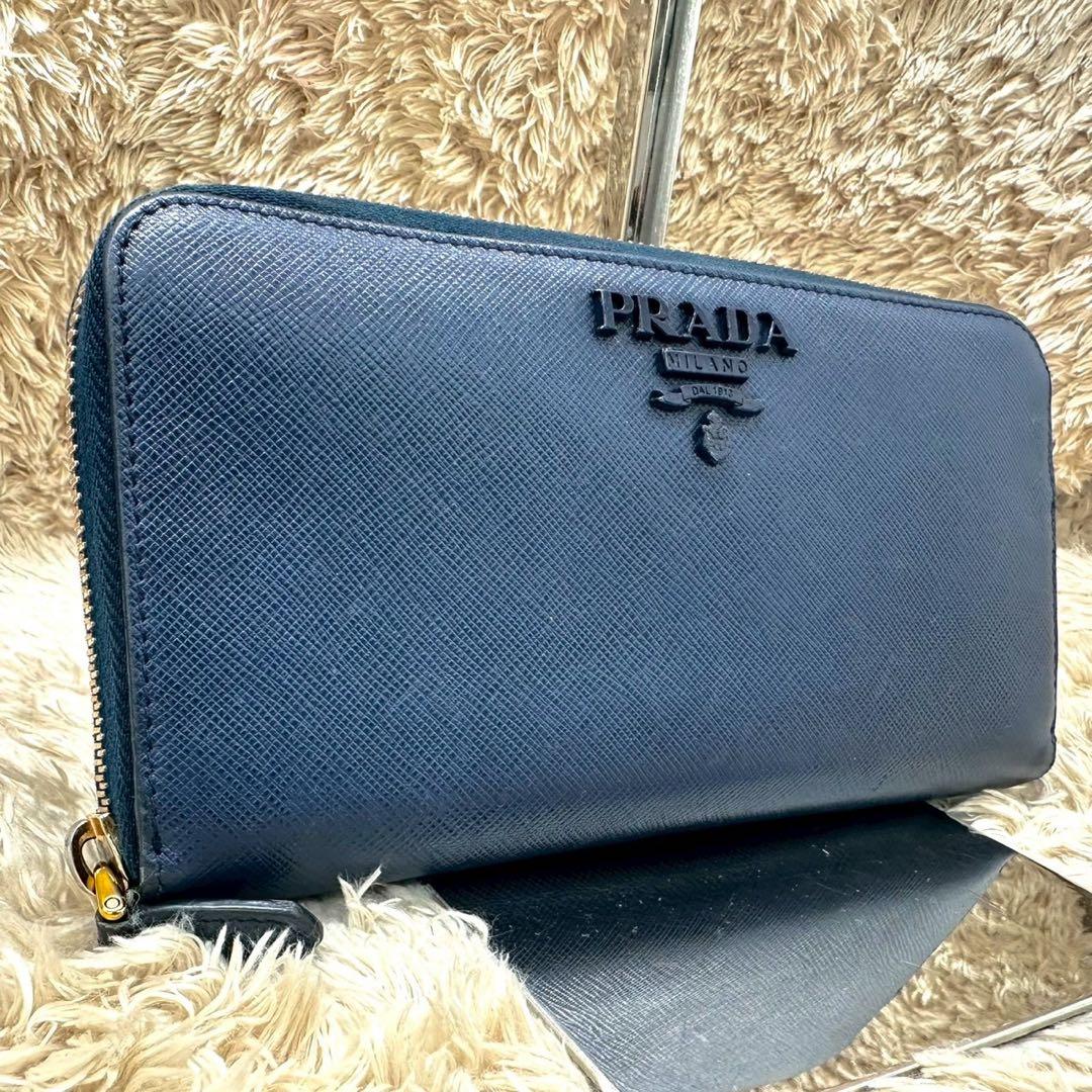 【美品】PRADA 長財布 ネイビー サフィアーノ シャイン