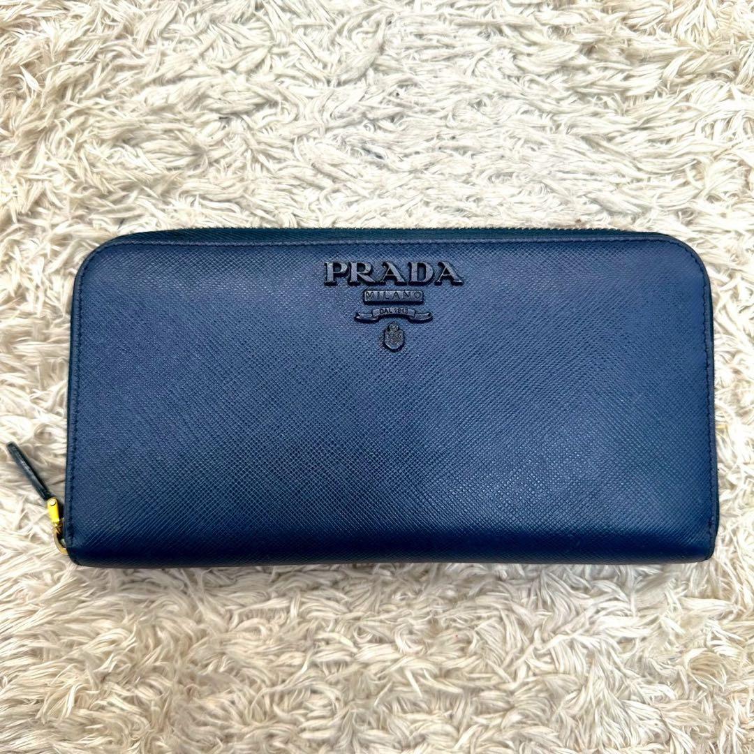 【美品】PRADA 長財布 ネイビー サフィアーノ シャイン
