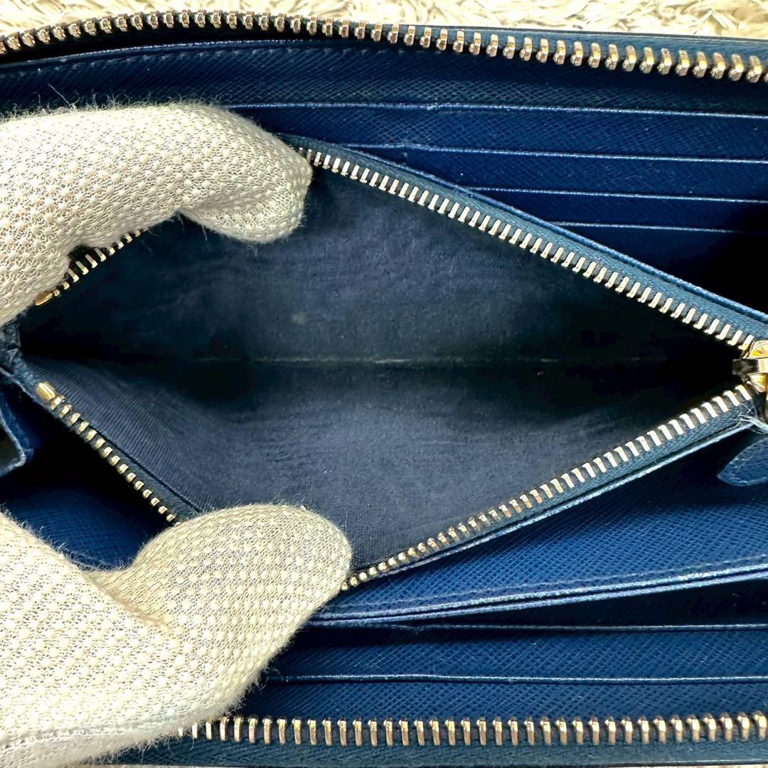 【美品】PRADA 長財布 ネイビー サフィアーノ シャイン