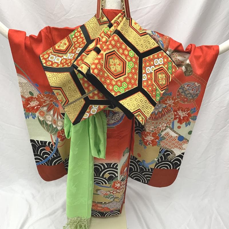 406ag58□七五三 七歳 女児 着物&袋帯 金彩 毬 青海波文□状態良好