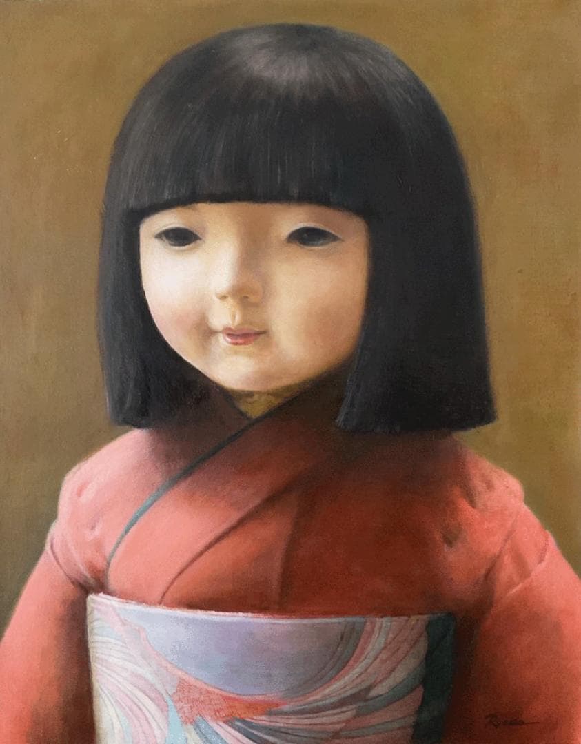 ❤️新作 油絵 菅家令子絵 絵画インテリアF6-010226 市松人形 日本人形