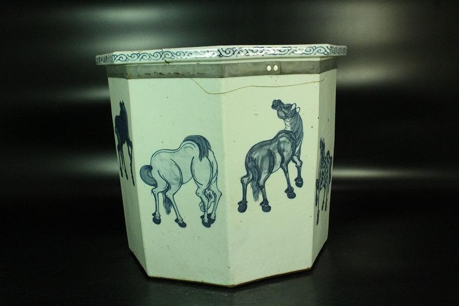 中国美術 青花 馬紋 八方器 高30cm 水屋鉢伝来 成化年製 款 K-A866