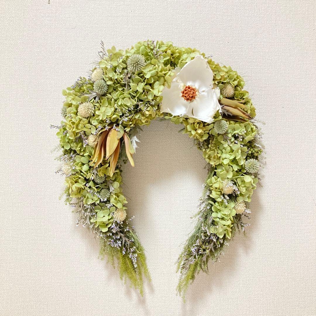 幸せを運ぶアナベル馬蹄リース　パームフラワー