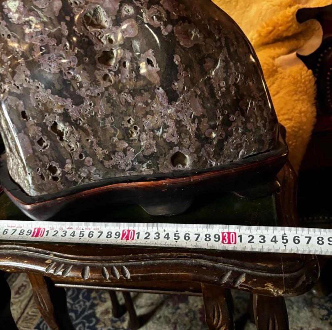 湯布院アンティーク 希少 梅花石　牡丹石　遠山型鑑賞石 水石 自然石 木製台座付