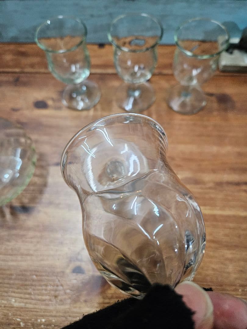 前田一郎 作 足付きグラス 5客 デキャンタ セット レトロ 吹き硝子