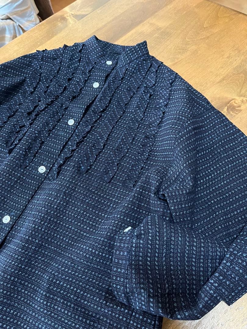 古布リメイク　久留米絣　チュニック　ロングシャツ　フリル　ハンドメイド