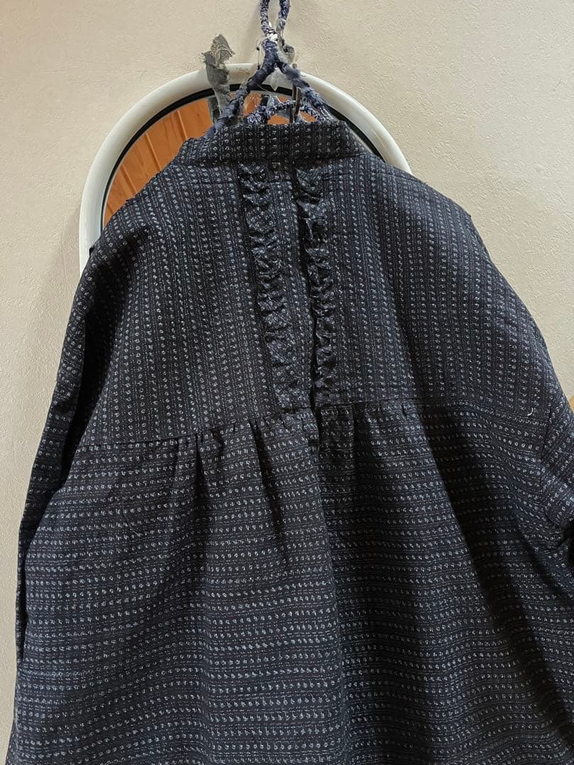 古布リメイク　久留米絣　チュニック　ロングシャツ　フリル　ハンドメイド