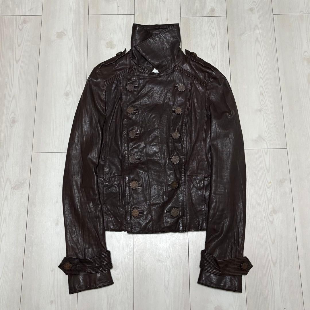 00s Archive ブラウン レザー ナポレオンジャケット 本革