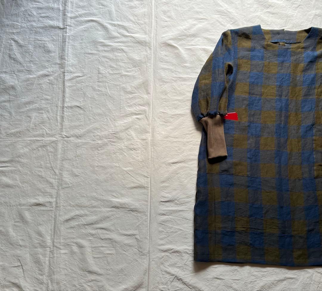【びば★さま専用ページ】ギンガムlinen＊リブニット袖口かっぽう着ワンピース