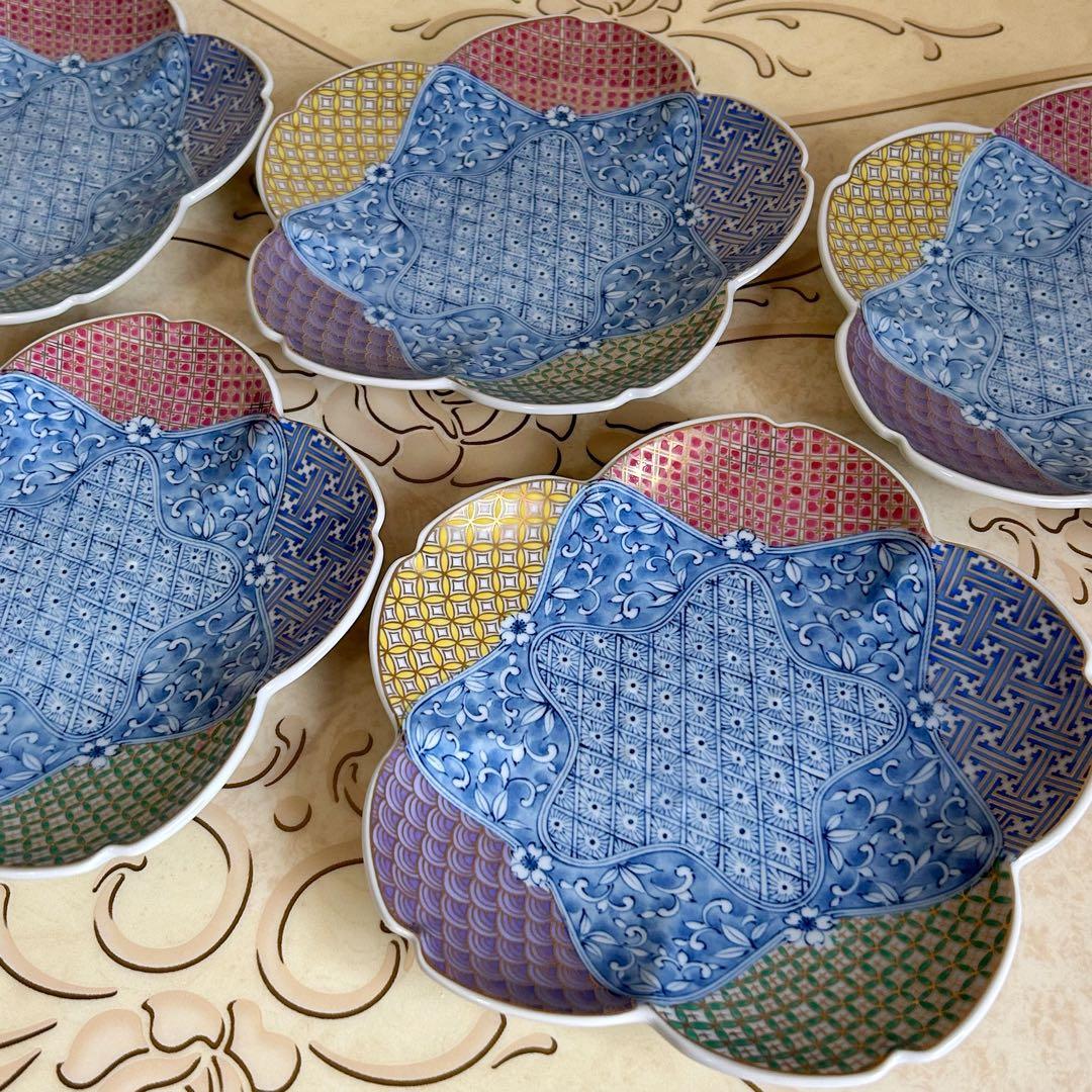 三洋陶器　龍峰窯　染付更紗　金彩地紋　桜型　和皿揃　5枚セット　中皿　輪花皿