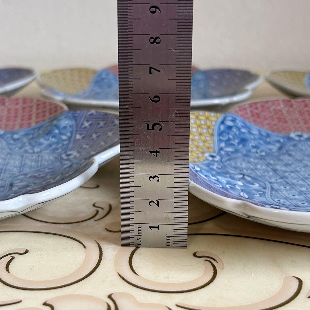 三洋陶器　龍峰窯　染付更紗　金彩地紋　桜型　和皿揃　5枚セット　中皿　輪花皿