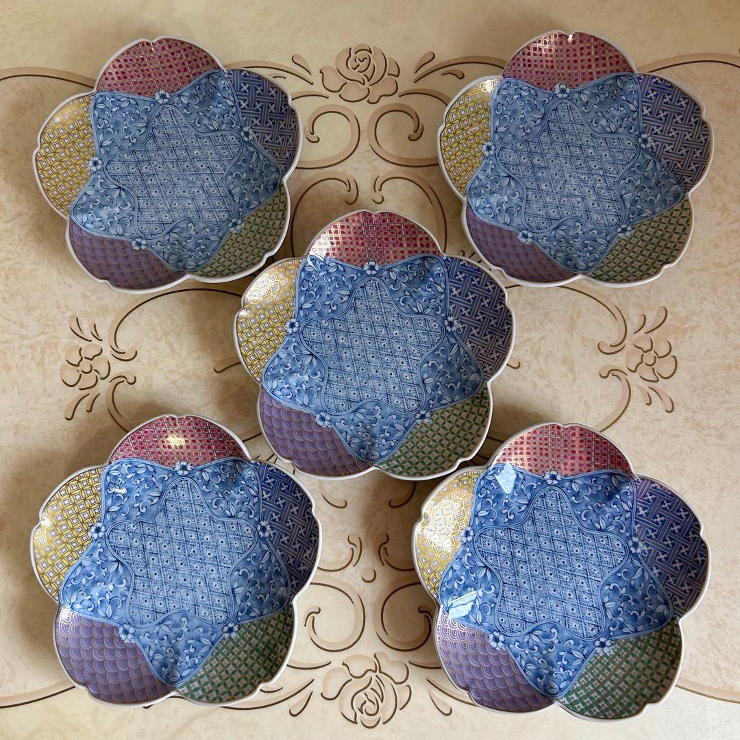 三洋陶器　龍峰窯　染付更紗　金彩地紋　桜型　和皿揃　5枚セット　中皿　輪花皿