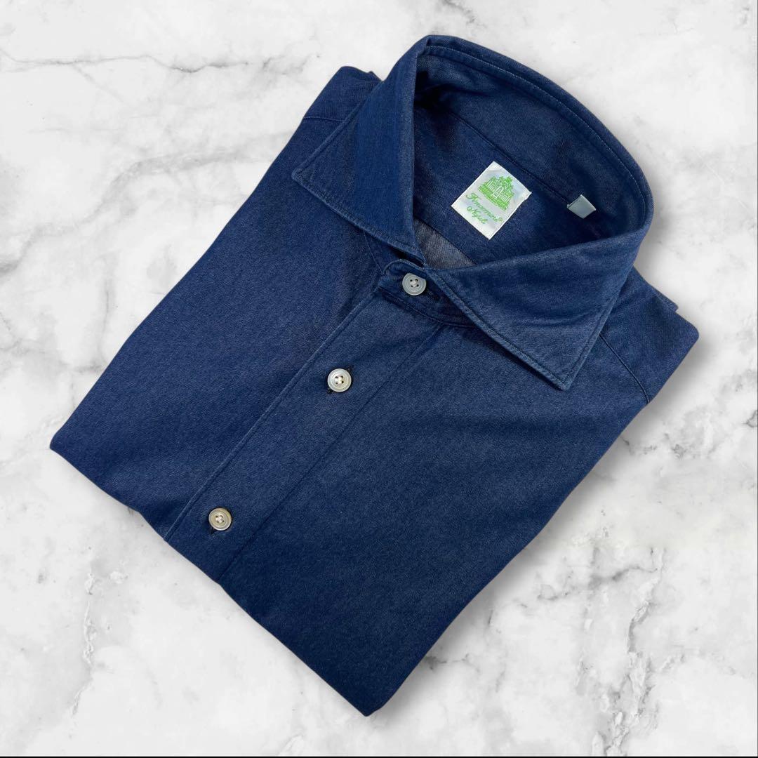 新品同様 Finamore デニム ドレスシャツ サイズS インディゴ染め