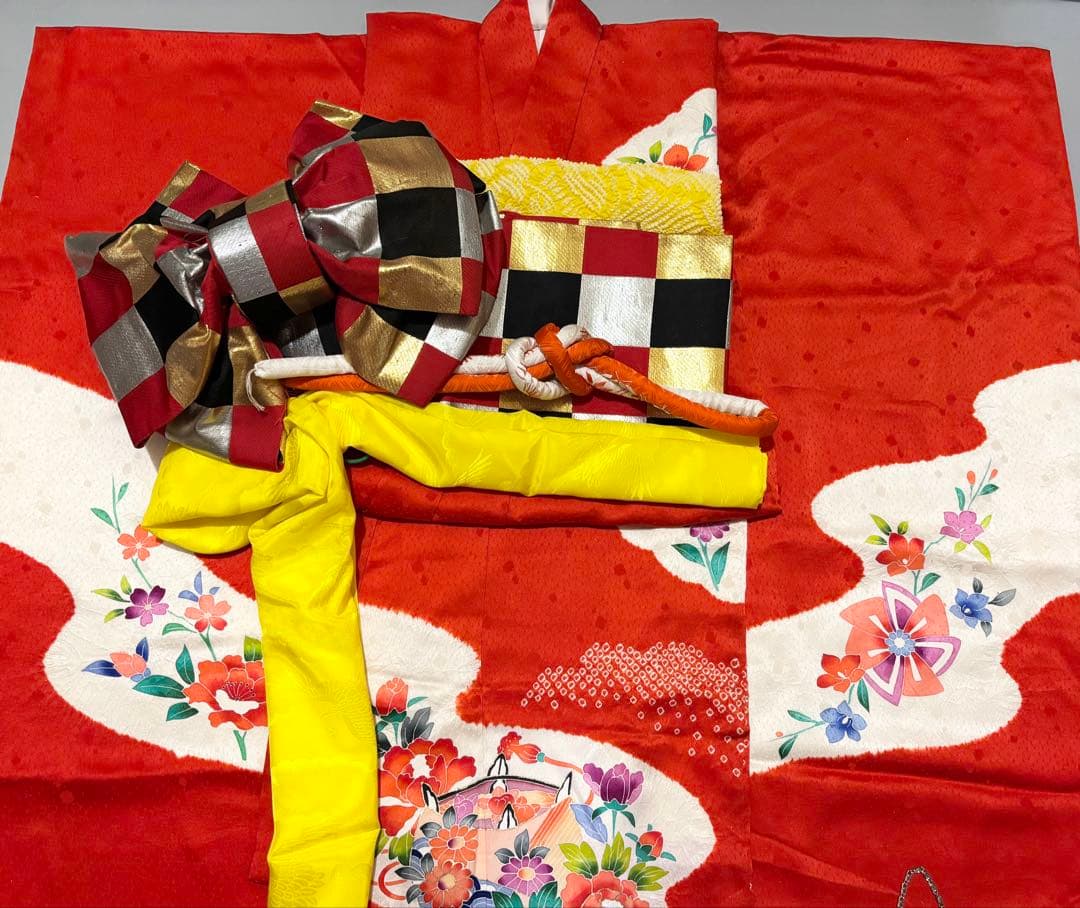 七五三　7歳　正絹　絞り　着物　フルセット　赤