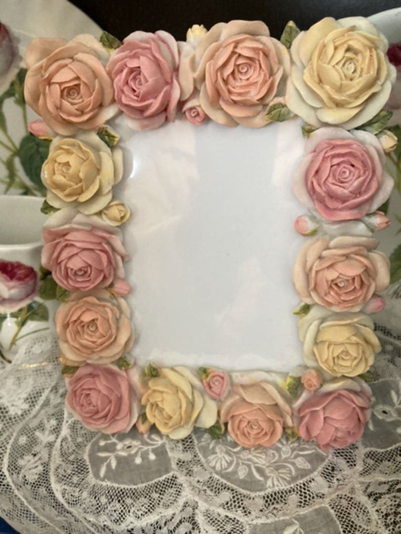 ご予約ヴィンテージピンク薔薇薫るフォトフレームハンドペイント飾りトレーエレガント