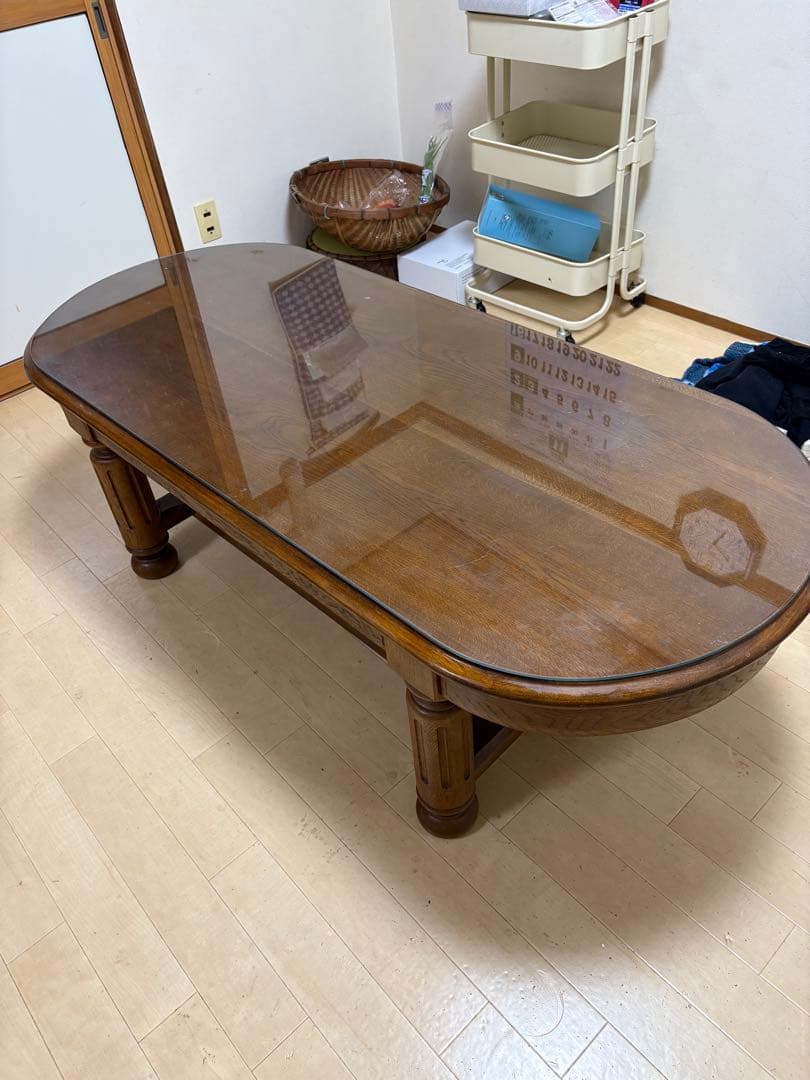 カリモク家具 カリモク 木製オーバル型センターテーブル ガラス天板付き 年代物