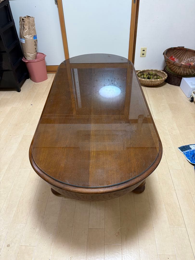 カリモク家具 カリモク 木製オーバル型センターテーブル ガラス天板付き 年代物