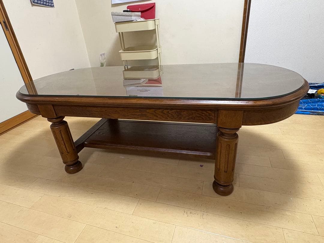 カリモク家具 カリモク 木製オーバル型センターテーブル ガラス天板付き 年代物