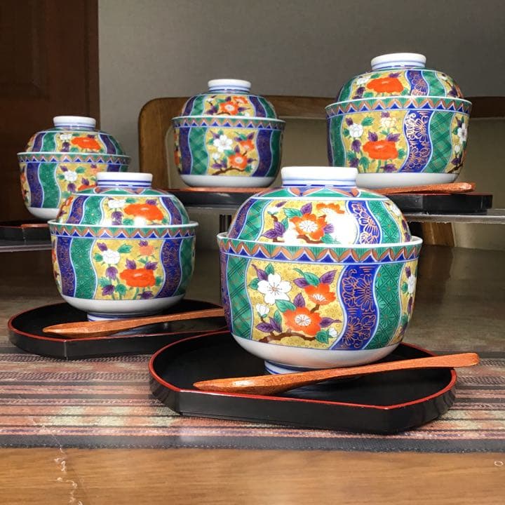 『なんでもうー特価』　有田焼　南山　金彩　茶碗蒸し器　お盆　スプーン　5組