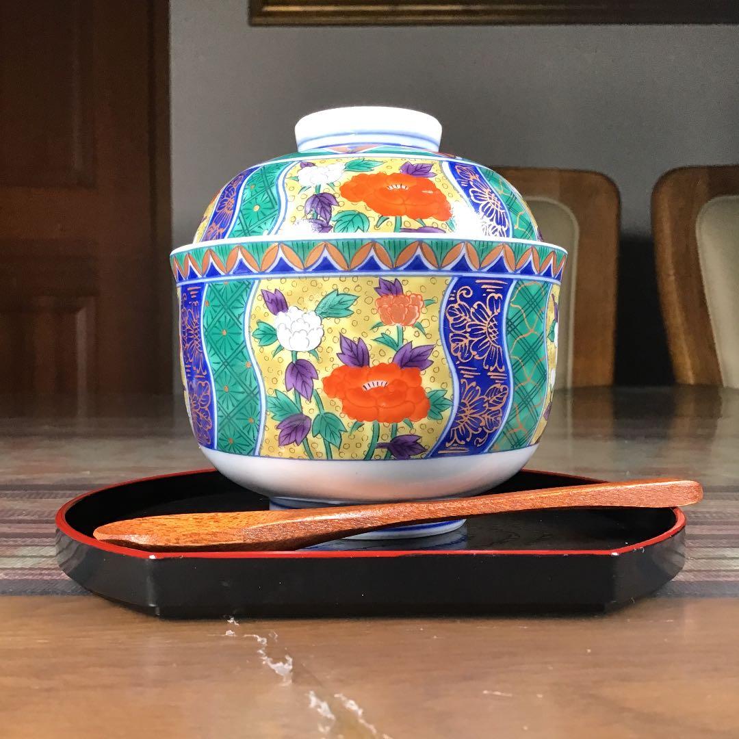 『なんでもうー特価』　有田焼　南山　金彩　茶碗蒸し器　お盆　スプーン　5組