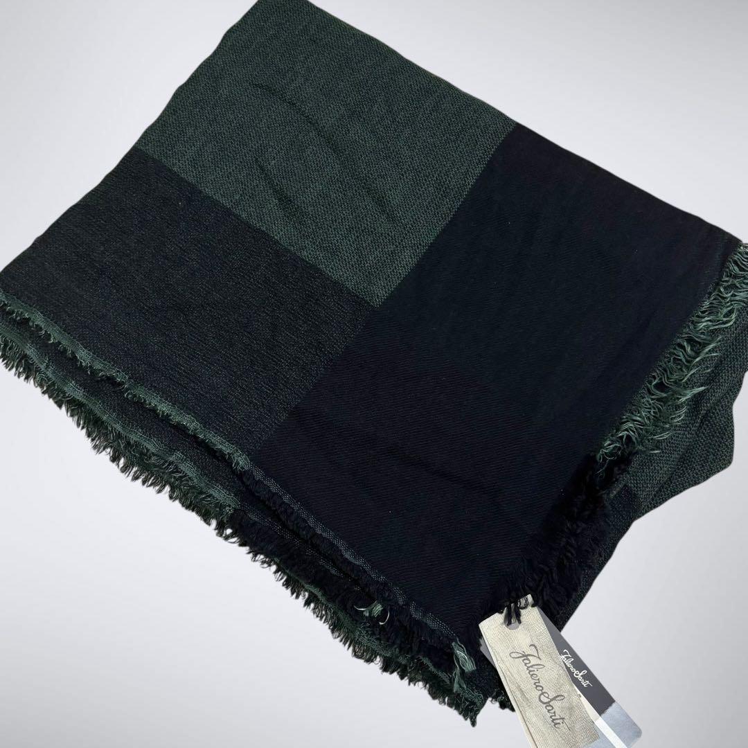 極美品タグ付 ファリエロサルティ 大判ストール ウールシルク 濃緑×黒 定価6万