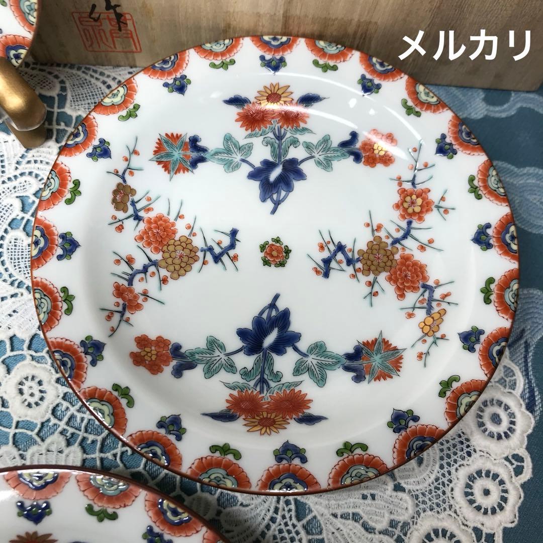 賞美堂本店　其泉窯　色絵梅菊文　銘々皿5枚1セット　木箱入り　ひなまつり