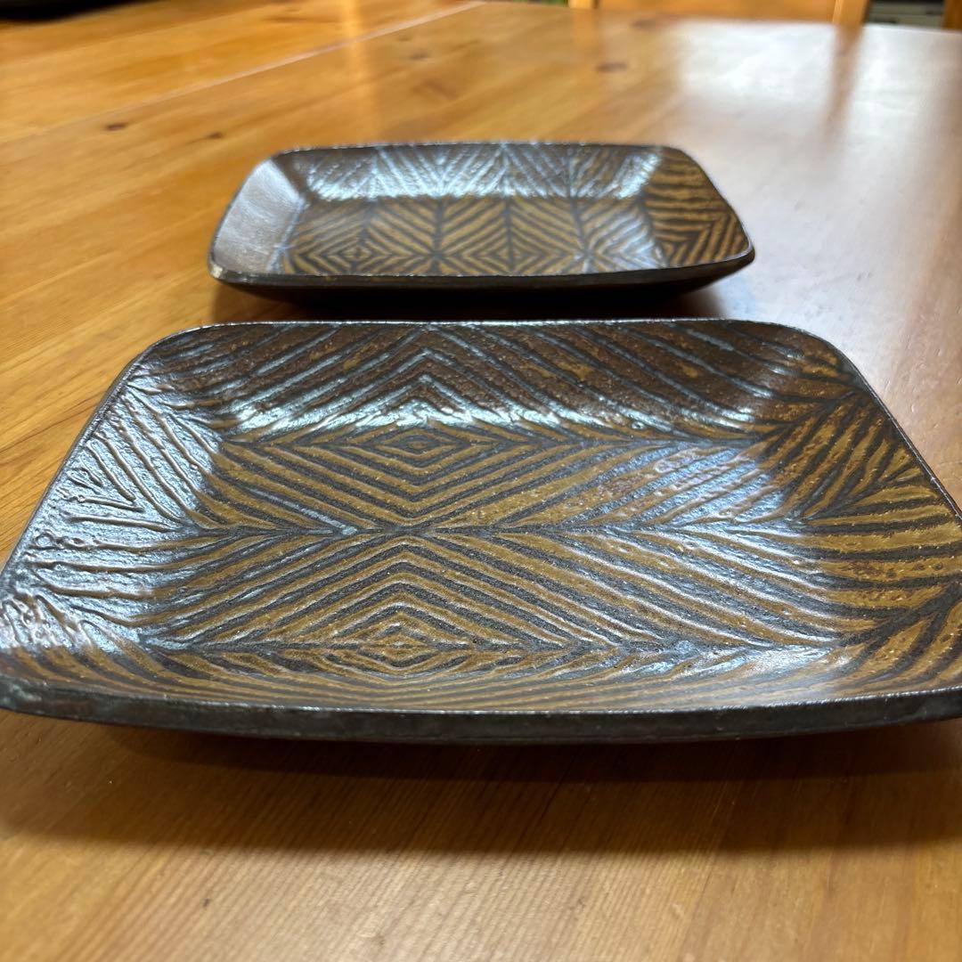 ❤️週末限定セール❤️新品　城進　♪鉄絵　陶器　長方形　中皿　2枚