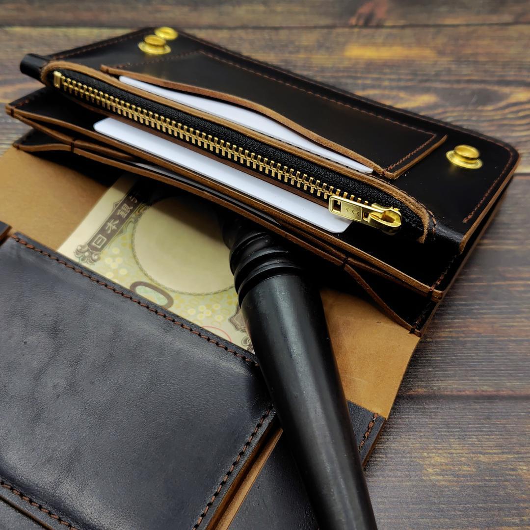 ミドルトラッカーウォレット ホースバット 本革 茶芯ブラック