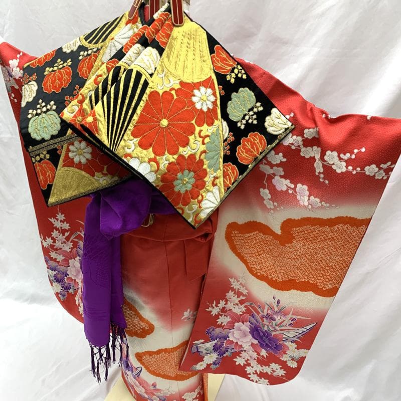 511ag79□七五三 七歳 女児 着物&袋帯 金彩 絞染め 花船 苺色□美品