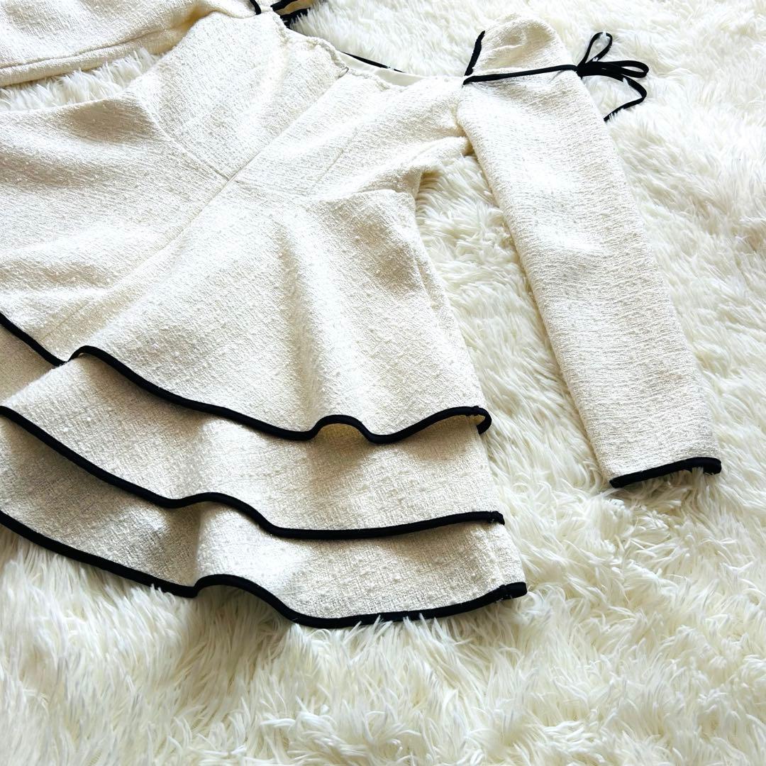 ワンピース Mme eme Ribbon trim tweed mini onepiece