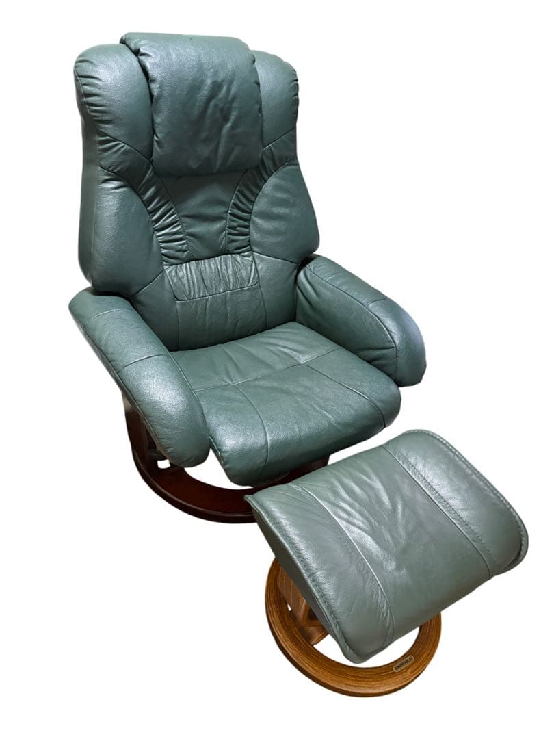 グリーンレザー 1人掛けソファ オットマン付き