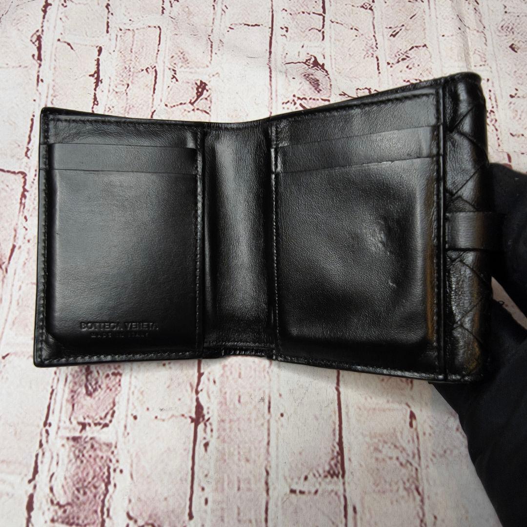 【美品】ボッテガヴェネタ二つ折ミニ財布 マキシイントレ レザー Wホック／黒A