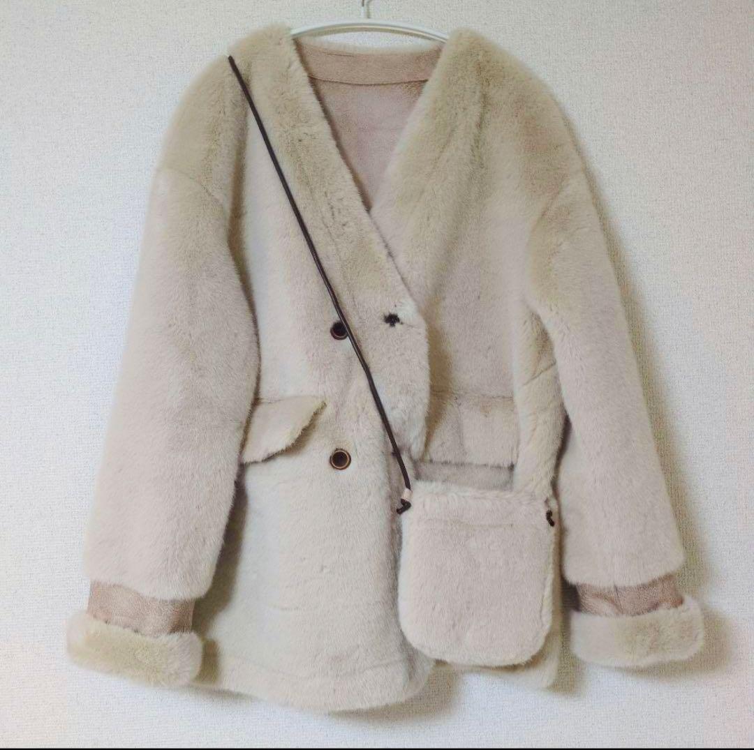 バッグ付エコファーノーカラーコートBEIGE lumier リュミエ