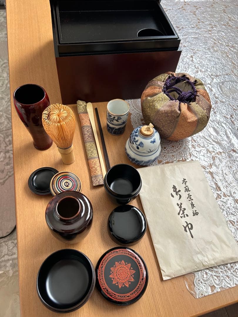 す*か様 茶道具セット 一式 焦茶箱付き 木箱のサイズ 約高さ14㌢幅21㌢奥行